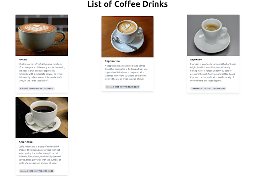 List of Coffee Drinks fetched from drupal api